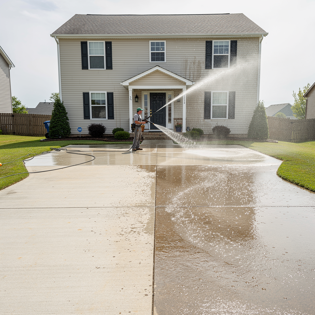 Soft washing driveway and exterior before and after